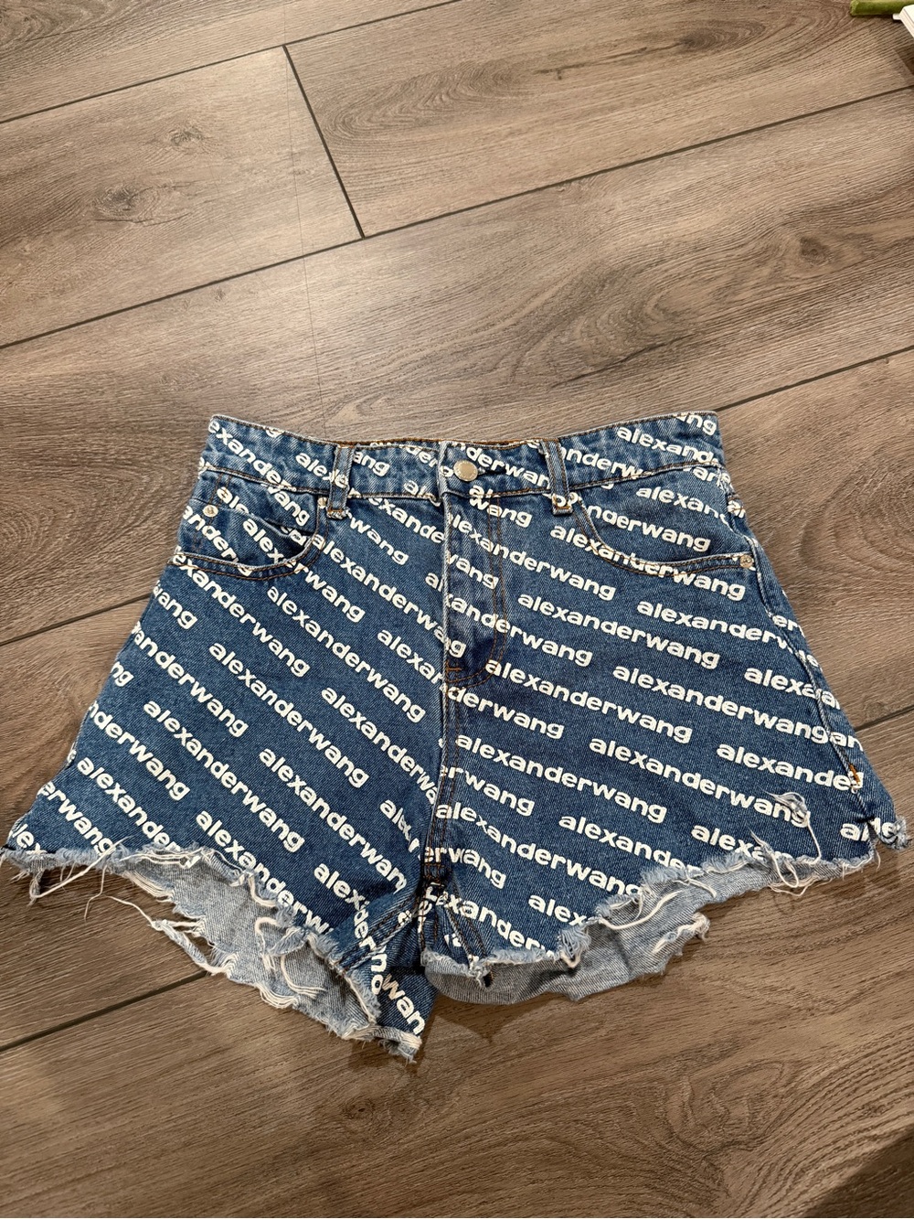 Alexander Wang White-Logo Blue Denim Cutoff Shorts